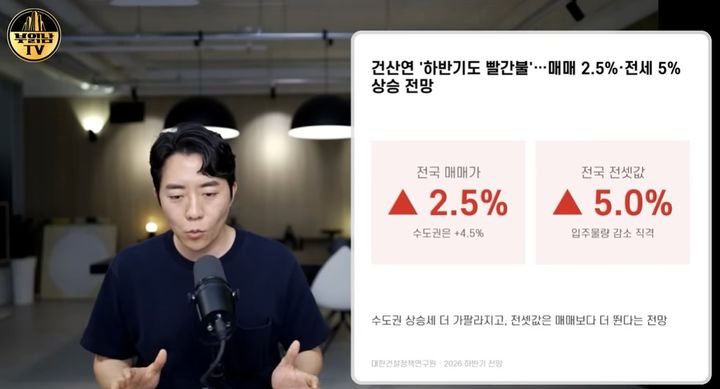 [서울=뉴시스] 정태익 대표가 보유세와 양도세를 올리면 매매가와 전셋값도 함께 상승한다고 말하고 있다.(사진출처:유튜브 '부읽남TV_내집마련부터건물주까지')2026.06.26
