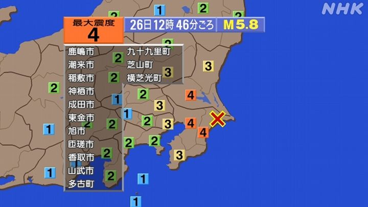 [서울=뉴시스]일본 지바현 북동부에서 26일 규모 5.8의 지진이 발생해 수도 도쿄를 비롯한 수도권 일대에서 강한 흔들림이 감지됐다. 지진 피해 지역. <사진출처: NHK 방송 캡쳐> 2026.06.26