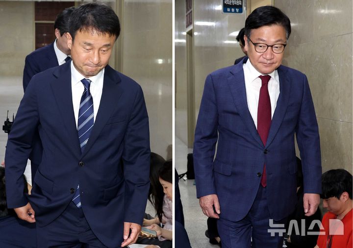 [서울=뉴시스] 조성봉 기자 = 한병도 더불어민주당 대표 직무대행 겸 원내대표와 정점식(오른쪽 사진) 국민의힘 원내대표가 지난 26일 오후 서울 여의도 국회 운영위원장실에서 각 상임위원장 등 원구성 관련 여야 2+2 회동을 마치고 나오고 있다. 2026.06.26. suncho21@newsis.com