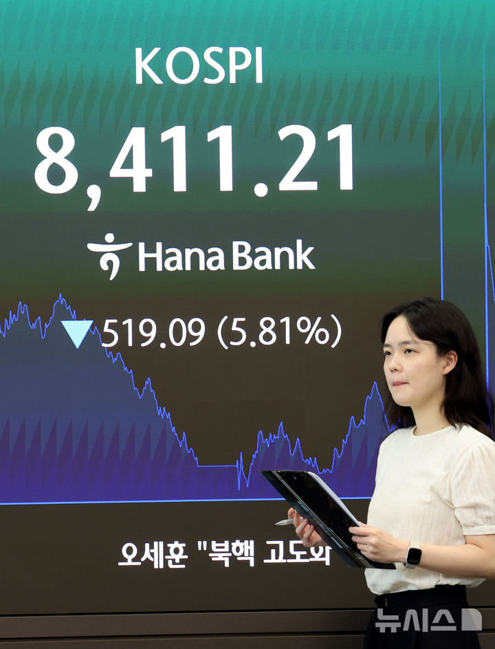 [서울=뉴시스] 박영태 기자 = 26일 오후 서울 중구 하나은행 딜링룸 전광판에 코스피 지수가 표시되고 있다.코스피는 전 거래일(8930.30)보다 519.09포인트(5.81%) 하락한 8411.21에 마감했으며 코스닥 지수는 전 거래일(887.81)보다 36.44포인트(4.10%) 내린 851.37에 거래를 마쳤다. 2026.06.26. since1999@newsis.com