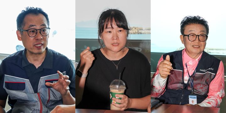 [서울=뉴시스] 김민규 KT 목포운용팀 팀장, 윤달라 버드아일랜드 대표, 박영남 상조도 주민자치회장이 지난 26일 전남 하조도 인근에서 상조도 중계소의 역할과 도서지역 통신망이 주민 생활에 가져온 변화를 설명하고 있다. (사진=KT 제공) *재판매 및 DB 금지