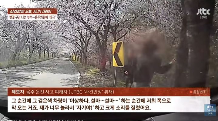 [서울=뉴시스] 벚꽃 길에서 음주 운전 차량에 치여 아내가 사망하는 사연이 전해졌다. (사진 출처=JTBC '사건반장' 캡처)