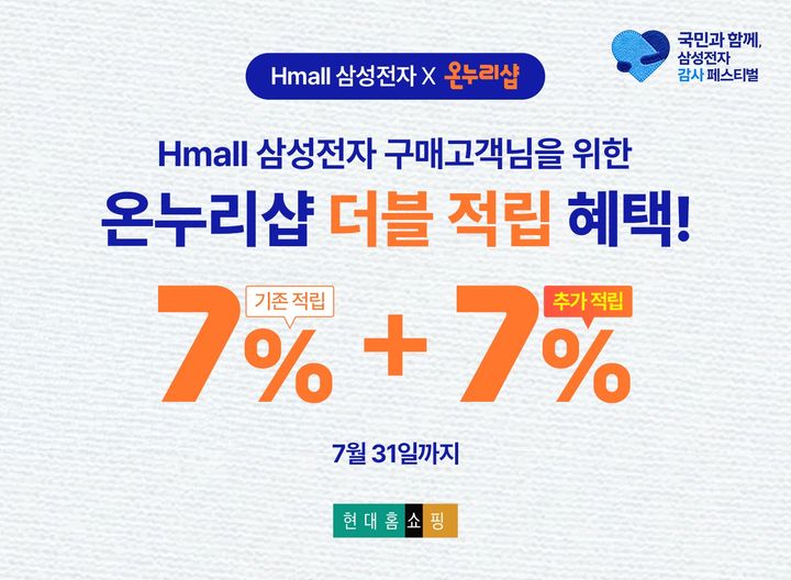 현대홈쇼핑은 내달 31일까지 공식 온라인몰 현대H몰에서 삼성전자 제품 구매 고객을 대상으로 추가 적립 혜택을 제공한다고 28일 밝혔다. *재판매 및 DB 금지