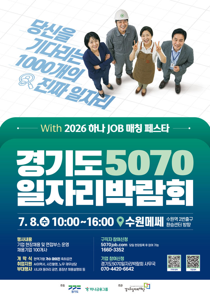 경기도, 하나금융그룹과 7월8일 '5070 일자리박람회'