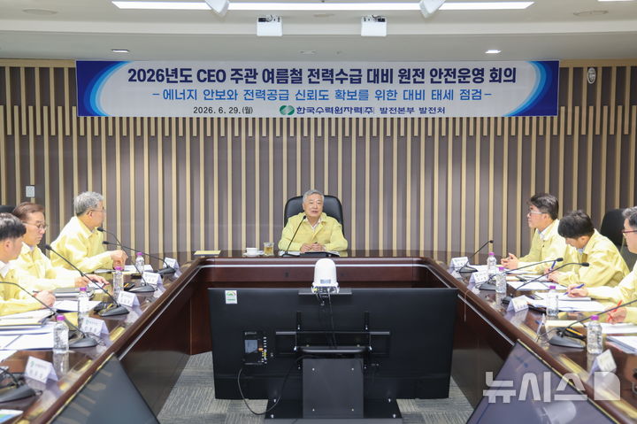[세종=뉴시스]한수원이 29일 김회천 한수원 사장(가운데) 주관으로 하계 전력수급 대비 원전 안전점검 회의를 개최했다.(사진= 한수원 제공)