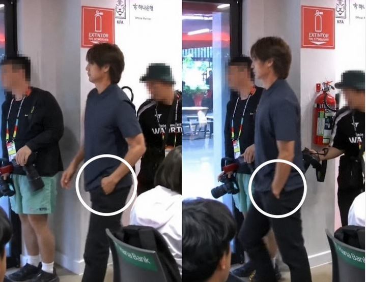 [서울=뉴시스] 홍명보 한국 축구대표팀 감독이 사퇴 기자회견 후 주머니에 손을 넣고 회견장을 떠난 모습이 포착돼 태도 논란이 일고 있다. (사진='KBS News' 유튜브 채널 캡처)