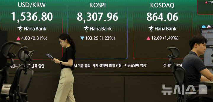 [서울=뉴시스] 홍효식 기자 = 29일 오전 서울 중구 하나은행 딜링룸 전광판에 지수가 표시되고 있다. 2026.06.29. yesphoto@newsis.com