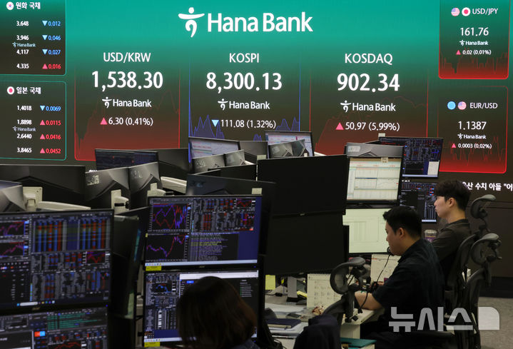 [서울=뉴시스] 홍효식 기자 = 코스피가 전 거래일(8411.21)보다 117.12포인트(0.91%) 내린 8334.28에 개장한 29일 오전 서울 중구 하나은행 딜링룸 전광판에 지수가 표시되고 있다. 코스닥 지수는 전 거래일(851.37)보다 9.03포인트(1.06%) 상승한 860.40에 거래를 시작했다. 서울 외환시장에서 원·달러 환율은 전 거래일 주간거래 종가(1532.0원)보다 4.5원 오른 1536.5원에 출발했다. 2026.06.29. yesphoto@newsis.com