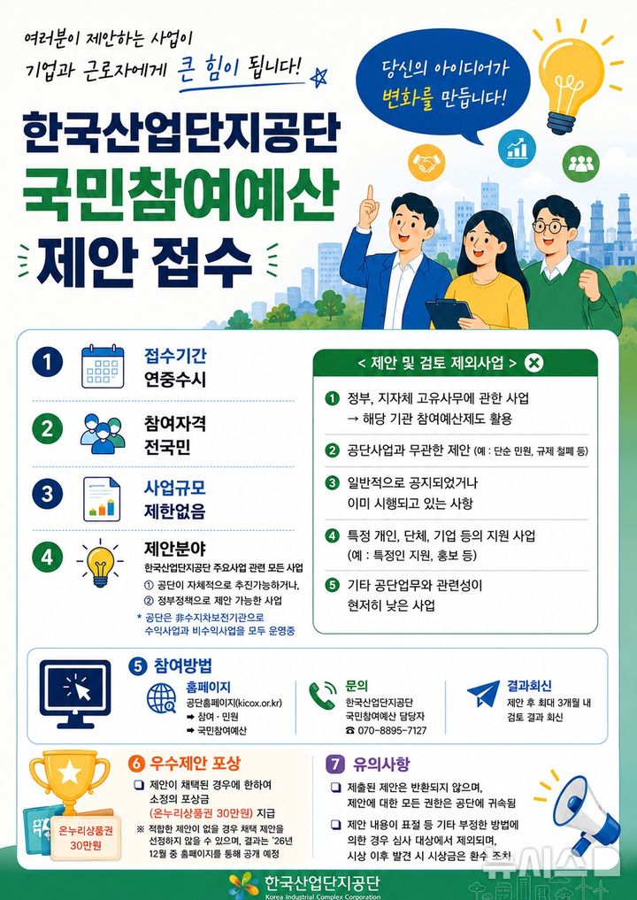 [세종=뉴시스]한국산업단지공단은 산업단지 현장의 다양한 목소리를 차년도 예산 편성 과정에 반영하기 위해 2027년도 국민참여예산 제안을 연중 상시 접수한다.(사진=산단공 제공)