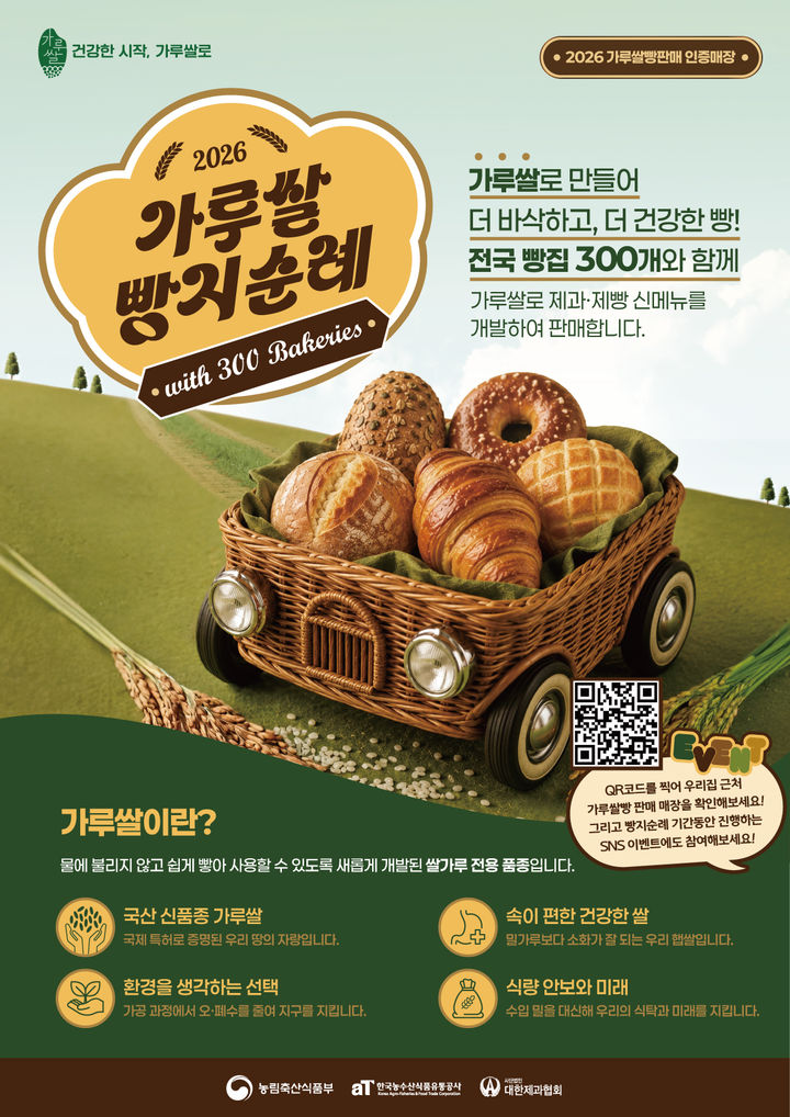 [세종=뉴시스] 농림축산식품부는 30일 다음달 1일부터 10월31일까지 전국 300개 빵집과 함께 가루쌀 제과·제빵 제품을 판매하는 '빵지순례' 이벤트를 개최한다고 밝혔다. (포스터 = 농식품부 제공) 2026.06.30. *재판매 및 DB 금지