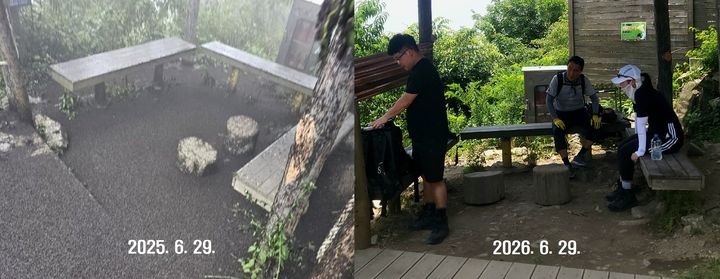 [인천=뉴시스] 최유리 인턴기자 = 인천 계양산 정상 부근 정자의 1년전후 모습. 오른쪽 사진은 지난 29일 오전 등산객들이 계양산 정상 부근의 정자에서 휴식을 취하고 있는 모습을 찍은 것이다. 왼쪽 사진은 1년 전 러브버그 떼로 뒤덮였던 같은 위치의 모습. (사진=SNS캡쳐) 2026.6.30 *재판매 및 DB 금지