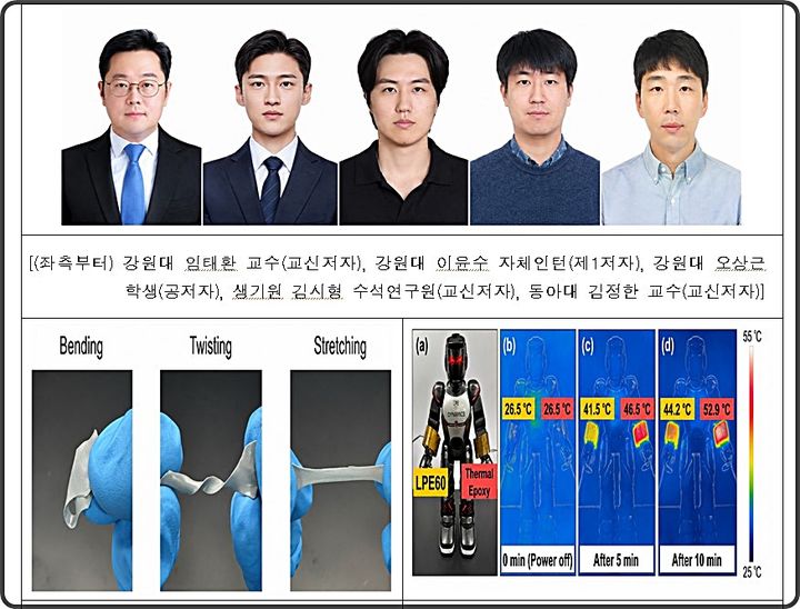 [대전=뉴시스]전기는 차단하면서도 열을 고르게 방출할 수 있는 생체적합형 방열 복합소재를 개발한 연구진(위)와 개발 소재 유연성 테스트(아래 왼쪽), 발열성능 열화성 사진.(사진=생기원 제공) *재판매 및 DB 금지
