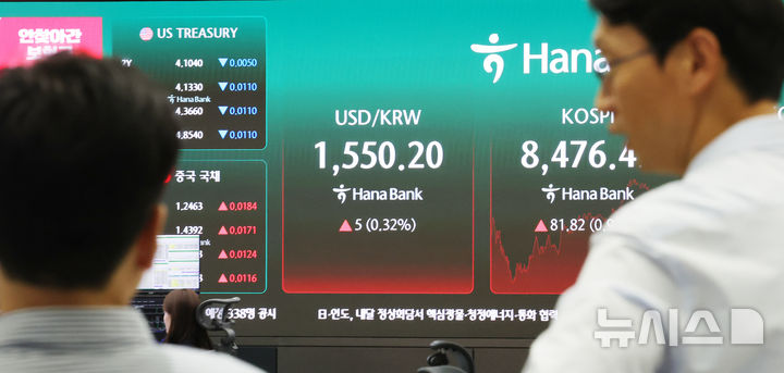[서울=뉴시스] 박주성 기자 = 30일 오후 서울 중구 하나은행 딜링룸 전광판에 장중 원·달러 환율이 1550원을 넘어서고 있다. 2026.06.30. park7691@newsis.com