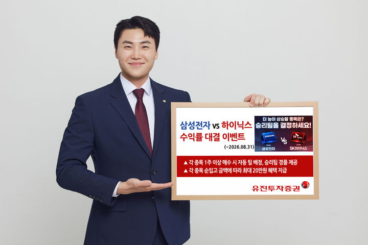 유진투자증권이 국내 대표 반도체 종목인 삼성전자와 SK하이닉스에 대한 투자자들의 관심을 반영해 ‘삼성전자 VS SK하이닉스 수익률 대결 이벤트’를 진행한다. 사내 모델이 해당 이벤트를 안내하고 있다.(사진=유진투자증권 제공) *재판매 및 DB 금지