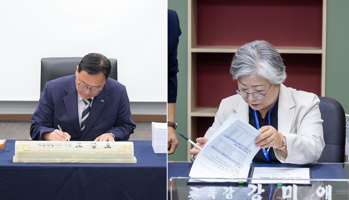 [세종=뉴시스] 1일 (왼쪽)조상호 세종시장과 강미애 시교육감이 각각 취임, 첫 지시·결재에 서명하고 있다.(사진=세종시·시교육청).2026.07.01. photo@newsis.com. *재판매 및 DB 금지