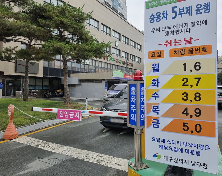 [대구=뉴시스] 이상제 기자 = 공공기관 승용차 2부제와 공영주차장 5부제가 해제된 1일 대구 남구청 주차장 입구에 제도 시행을 알리는 안내판이 여전히 세워져 있다. 2026.07.01. king@newsis.com *재판매 및 DB 금지