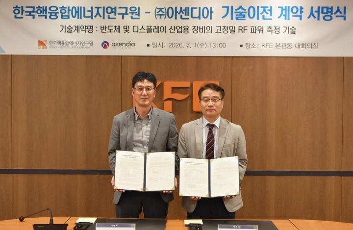 [대전=뉴시스] 1일 열린 고정밀 RF 파워 측정기술 실시계약 서명식 뒤 아센디아 박문수 대표이사(왼쪽)와 핵융합연 오영국 원장이 기념촬영을 하고 있다.(사진=핵융햡연 제공) *재판매 및 DB 금지