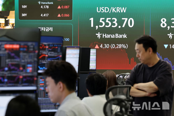 [서울=뉴시스] 김금보 기자 = 원·달러 환율이 장중 1,550원을 넘어선 1일 오후 서울 중구 하나은행 딜링룸 전광판에 환율이 표시되고 있다. 2026.07.01. kgb@newsis.com