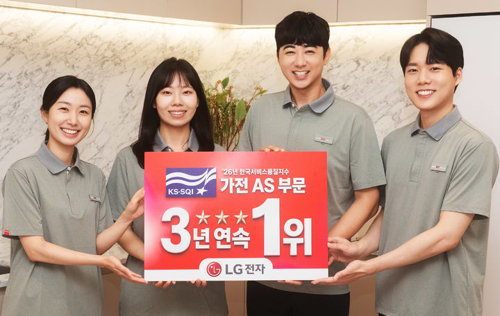 [서울=뉴시스]LG전자가 한국표준협회 주관 '2026 한국서비스품질지수(KS-SQI)' 가전제품 A/S부문에서 3년 연속 1위에 올랐다. (사진=LG전자 제공) 2026.07.02. photo@newsis.com *재판매 및 DB 금지