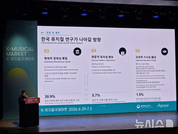 [서울=뉴시스]김주희 기자=홍정민 동국대 교수는 2일 서울 삼성동 코엑스 컨퍼런스룸에서 열린 '2026 K-뮤지컬국제마켓' 학술 포럼에서 발제하고 있다. 2026.07.02. 