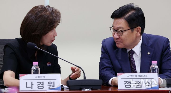 [서울=뉴시스] 고범준 기자 = 정점식 국민의힘 원내대표와 나경원 국민의힘 의원이 2일 서울 여의도 국회 의원회관에서 열린 선거관리위원회 신뢰 회복을 위한 정책토론회에서 대화를 하고 있다. 2026.07.02. bjko@newsis.com