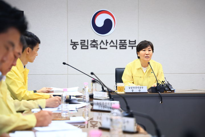 [세종=뉴시스] 송미령 농림축산식품부 장관이 3일 오전 농업재해대책상황실에서 '장마 대비 여름철 농업분야 재해 예방대책 점검회의'를 개최하고 관계기관과 함께 분야별 재해 대응 상황을 점검하고 있다. (사진=농식품부 제공) *재판매 및 DB 금지