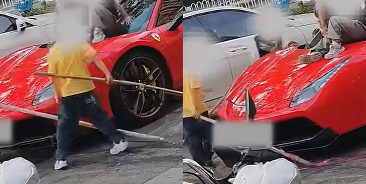 [서울=뉴시스] 중국의 한 페라리 차주가 고가의 슈퍼카를 미끄럼틀처럼 타고 놀며 훼손한 아이들과 그 부모를 상대로 법적 대응을 검토하고 있다는 소식이 전해졌다. (사진=더우인 갈무리) *재판매 및 DB 금지