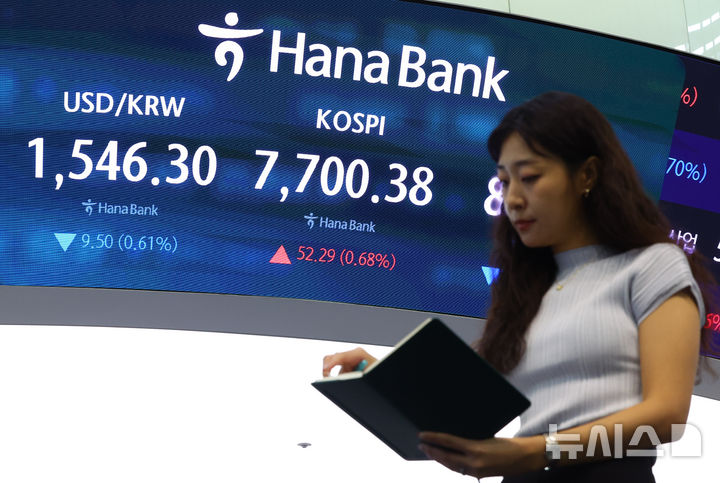 [서울=뉴시스] 황준선 기자 = 3일 오전 서울 중구 하나은행 딜링룸에 지수가 표시돼 있다. 2026.07.03. hwang@newsis.com