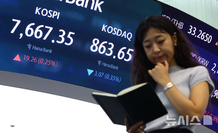 [서울=뉴시스] 황준선 기자 = 코스피는 전 거래일(7648.09)보다 91.66포인트(1.20%) 상승한 7739.75에 개장한 3일 오전 서울 중구 하나은행 딜링룸에 지수가 표시돼 있다. 코스닥 지수는 전 거래일(866.72)보다 8.46포인트(0.98%) 오른 875.18에 거래를 시작했다. 서울 외환시장에서 원·달러 환율은 전 거래일 주간거래 종가(1555.8원)보다 11.3원 내린 1544.5원에 출발했다. 2026.07.03. hwang@newsis.com
