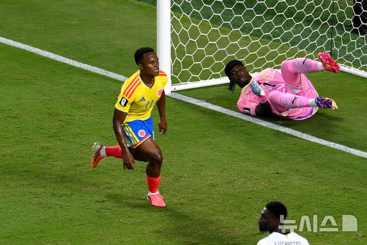 [캔자스시티=AP/뉴시스] 2026 국제축구연맹(FIFA) 북중미 월드컵 32강전 가나와 맞대결에서 결승골을 넣은 콜롬비아의 존 아리아스. 2026.07.03.