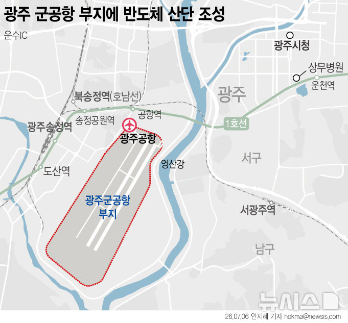[서울=뉴시스] 호남권 반도체 클러스터가 광주 군공항 부지에 조성된다 .광주 군공항 지역은 250만평 규모의 부지 확보가 가능하고 공항 특성상 이미 평탄화가 완료돼 있다. 현재 광주 군공항 이전은 무안지역을 중심으로 관련 절차가 진행되고 있다. (그래픽=안지혜 기자) hokma@newsis.com 
