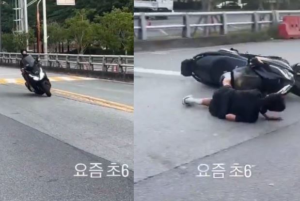 [서울=뉴시스] 초등학교 6학년 학생이 오토바이를 타다가 도로에서 넘어지는 장면이 담긴 영상이 온라인 커뮤니티를 중심으로 확산했다. (사진=온라인 커뮤니티 캡처) *재판매 및 DB 금지
