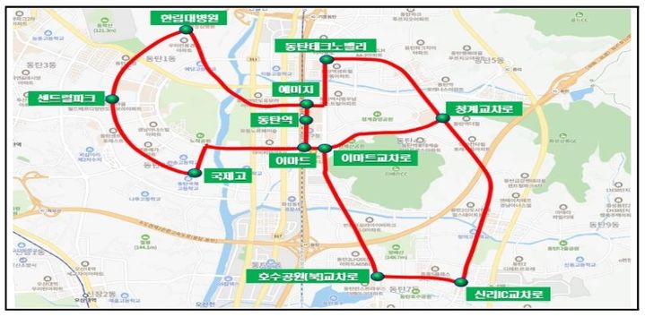 [화성=뉴시스] 국토교통부 고시 '경기 화성 동탄 자율주행자동차 시범운행지구' 노선도. (사진=전용기 국회의원실 제공) 2026.07.06. photo@newsis.com *재판매 및 DB 금지