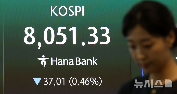 [서울=뉴시스] 김선웅 기자 = 코스피가 전 거래일보다 0.46% 하락한 8051.33에 거래를 종료한 6일 오후 서울 중구 하나은행 본점 딜링룸에서 마감 시황이 표시되고 있다. 2026.07.06. mangusta@newsis.com
