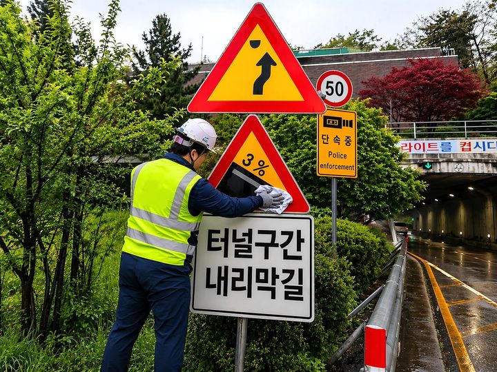 [부산=뉴시스] 터널 표지판을 정비하고 있는 시설공단 관계자. (사진=부산시설공단 제공) 2026.07.07. photo@newsis.com *재판매 및 DB 금지