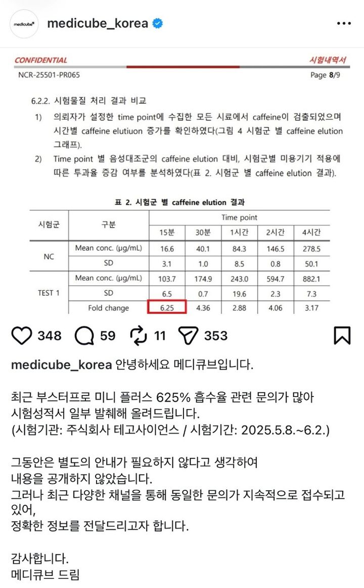[서울=뉴시스] 메디큐브 시험성적서와 공식 입장 관련 SNS 게시물. (사진=메디큐브 공식 인스타그램)&nbsp; *재판매 및 DB 금지