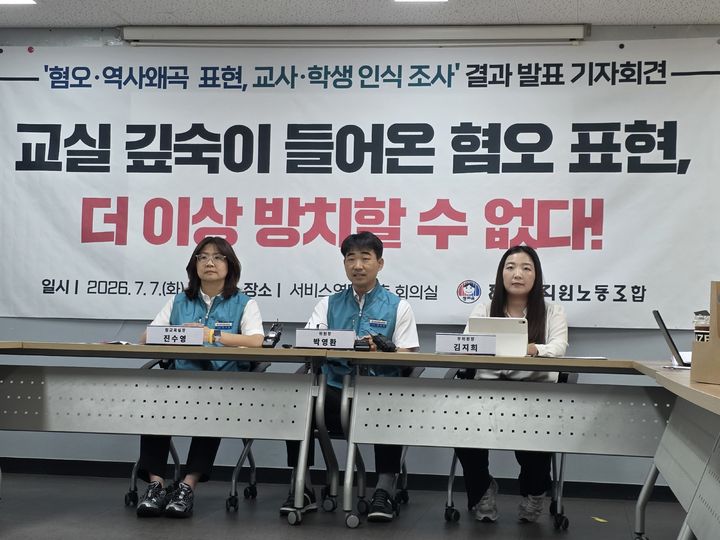 [서울=뉴시스] 7일 전국교직원노동조합(전교조)이 이달 2일부터 6일까지 전국 초중고 교사 1109명·청소년(초등학교 6학년~고등학교 3학년) 1636명을 조사한 결과 교사의 89.3%는 '최근 1년간 학생들의 발언·과제물·발표 등에서 혐오·차별·역사 왜곡 표현을 접했다'고 응답했다. 직접 목격했다는 교사는 73.9%, 전해 들었다는 교사는 15.4%였다. (사진=전교조 제공) 2026.07.07. photo@newsis.,com *재판매 및 DB 금지