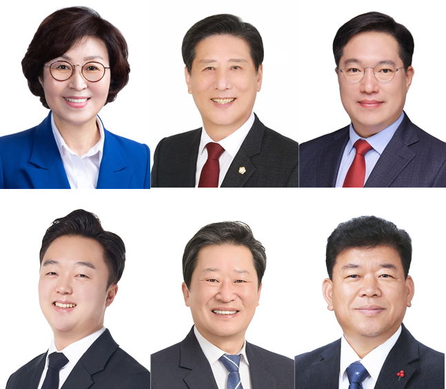 [대전=뉴시스] 대전 유성구의회 의장단. 왼쪽 위부터 시계방향으로 전반기 의장 최옥술, 부의장 이희환, 운영위원장 유대혁, 행정자치위원장 박석연, 사회도시위원장 김인중, 특별위원회 위원장으로 예산결산특별위원장 황우일 의원.  *재판매 및 DB 금지
