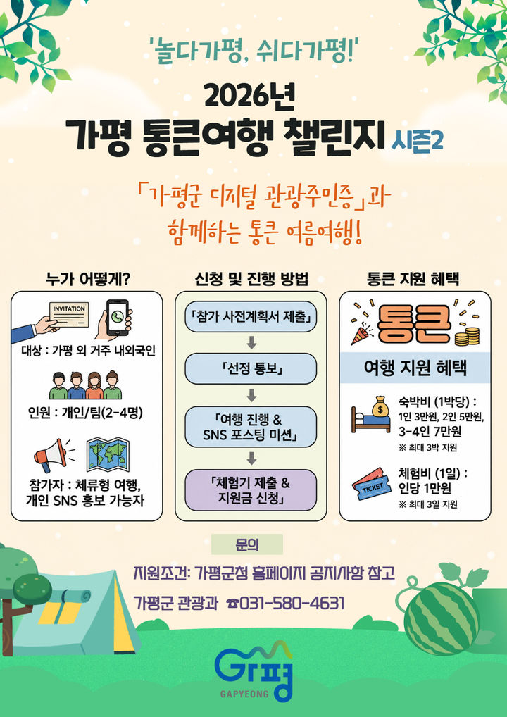 놀다가평, 쉬다가평! 2026년 가평 통큰여행 챌린지 시즌2 안내. (사진=가평군 제공) photo@newsis.com *재판매 및 DB 금지
