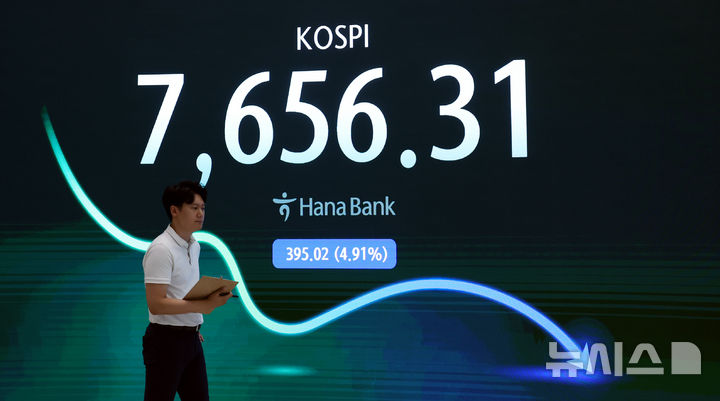[서울=뉴시스] 박영태 기자 = 코스피가 395.02포인트(4.91%) 내린 7656.31 마감된 7일 오후 서울 중구 하나은행 본점 딜링룸에서 딜러가 업무를 보고 있다. 2026.07.07. since1999@newsis.com