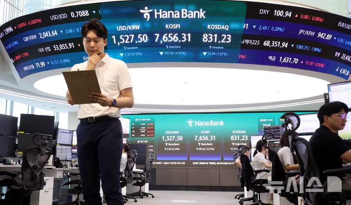 [서울=뉴시스] 박영태 기자 = 코스피가 395.02포인트(4.91%) 내린 7656.31 마감된 7일 오후 서울 중구 하나은행 본점 딜링룸에서 딜러가 업무를 보고 있다. 2026.07.07. since1999@newsis.com