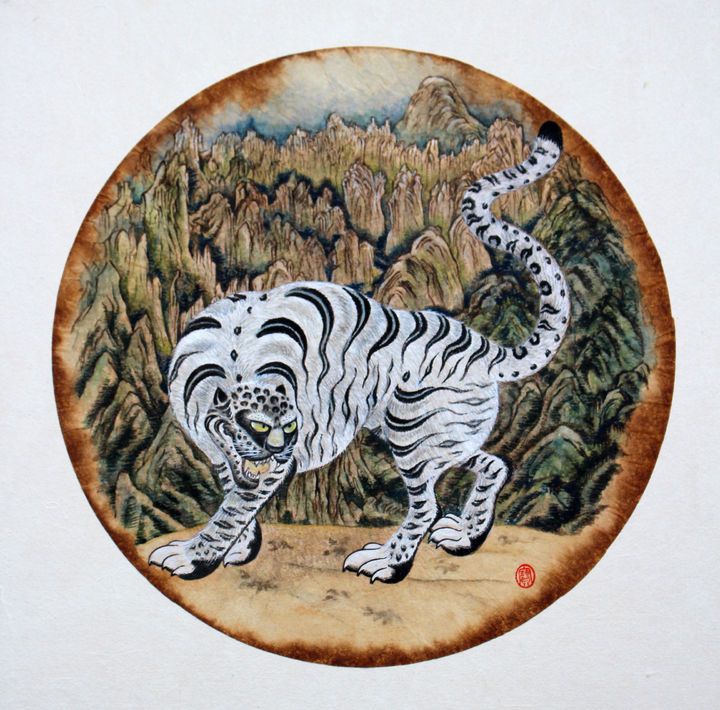 우보경, 백호랑이, 2023, Asian watercolor and dye ink on coffee filter, moun~ *재판매 및 DB 금지