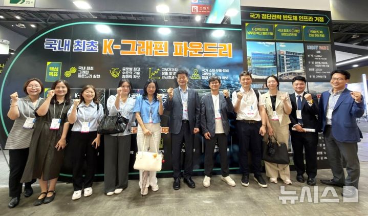 [포항=뉴시스] = 8~10일 사흘간 경기도 고양 킨텍스에서 열린 '나노코리아 2026'가 열린 가운데 포스텍 나노융합기술원이 전시 부스, 지역 업체인 ‘참그래핀’·‘엠씨케이테크’이 주제관에 참가했다. 사진은 재정경제부, 포항시, 포항시그래핀기업협의체 관계자가 포스텍 전시 부스에서 기념 촬영하고 있다. (사진=포항시 제공) 2026.07.08. photo@newsis.com