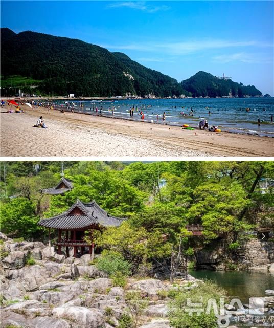 [창원=뉴시스]남해군 송정솔바람해변(위 사진)과 함양군 화림동계곡.(사진=경남관광재단 제공) 2026.07.08. photo@newsis.com