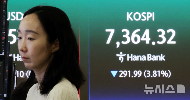 [서울=뉴시스] 박주성 기자 = 8일 오전 서울 중구 하나은행 딜링룸에서 딜러들이 업무를 하고 있다.코스피는 전 거래일보다 203.83포인트(2.66%) 내린 7452.48 개장했다. 2026.07.08. park7691@newsis.com