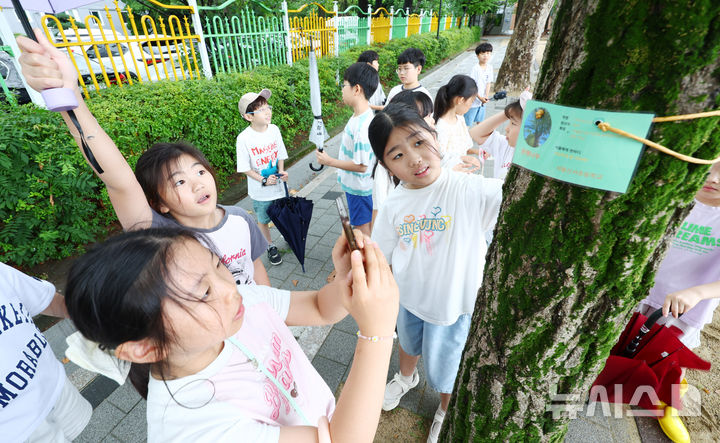 [서울=뉴시스] 전신 기자 = 8일 '2026년도 환경교육 우수학교'에 지정된 서울 양천구 서울신서초등학교에서 진행된 '식물 이름표 달아주기 대작전' 수업에서 학생들이 직접 만든 이름표를 식물에 달아주고 있다. 2026.07.08. photo1006@newsis.com