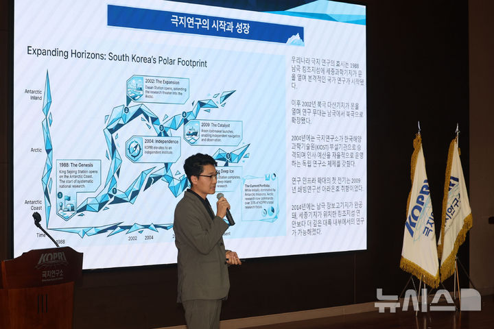 [서울=뉴시스] 권창회 기자 = 8일 인천 연수구 한국해양과학기술원 부설 극지연구소에서 2026 해양문화대장정의 일환으로 김지훈 극지연구소 선임연구원이 참가학생들에게 강의를 하고 있다. 해양수산부가 주최하고 한국해양재단이 주관하는 이번 '2026 해양문화대장정'은 대학생들에게 해양문화 탐방 기회를 제공해 해양에 대한 긍정적인 인식을 높이고, 해양문화에 대한 이해와 관심을 도모하기 위해 마련됐다. 8일부터 17일까지 9박10일 일정으로 진행된다. 2026.07.08. kch0523@newsis.com