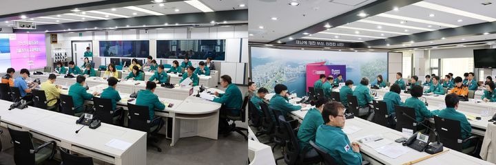 [부산=뉴시스] 지난 6월25일 박형준 전 부산시장이 주재한 부산 선적 침몰 사고 대책회의(왼쪽)와 5월 여름철 자연재난 대비 점검회의. (사진=부산시 제공) 2026.07.09. photo@newsis.com *재판매 및 DB 금지