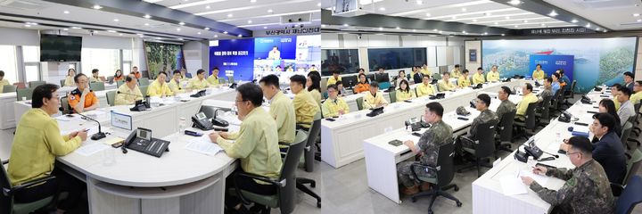 [부산=뉴시스] 지난 2일 전재수 부산시장 주재로 열린 여름철 자연재난 대비 점검회의(왼쪽)와 6일 진행된 화랑훈련 통합방위협의회. (사진=부산시 제공) 2026.07.09. photo@newsis.com *재판매 및 DB 금지