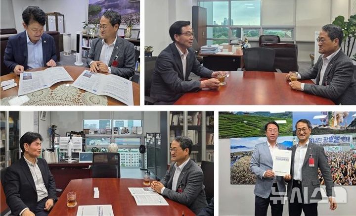 [서울=뉴시스]박일웅 경남도 행정부지사가 9일 국회를 방문해 국토교통위원회 위원인 복기왕(왼쪽 위에서부터 시계 방향으로), 서천호, 문금주, 이용선 의원을 차례로 만나 '우주항공복합도시 건설 특별법'의 조속한 통과를 위한 협조를 요청하고 있다.(사진=경남도 제공) 2026.07.09. photo@newsis.com
